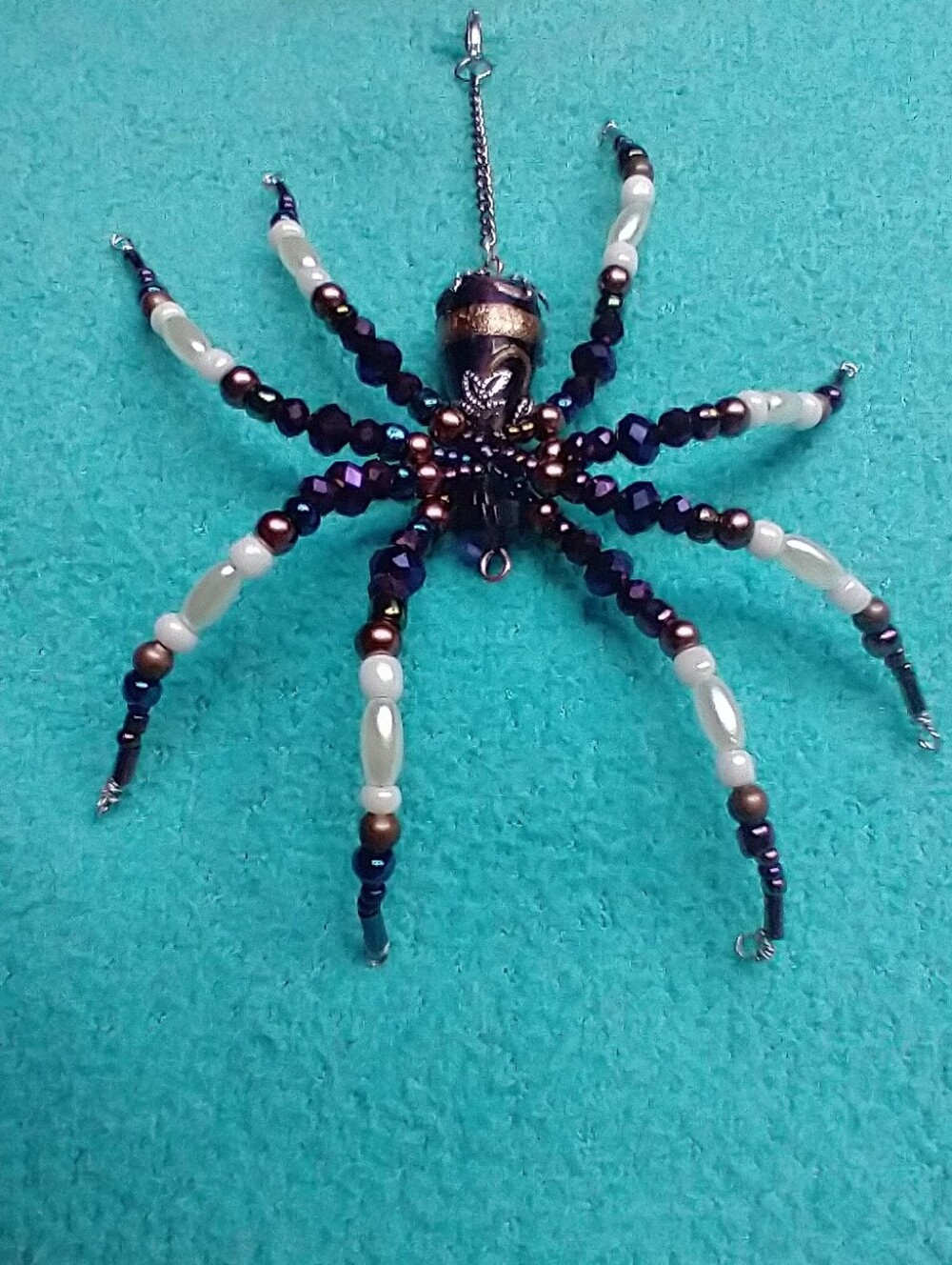 Hand Crafted • Beaded Spider Pendant Necklace - Purple, Brown & Pearl - Picture 7 of 12